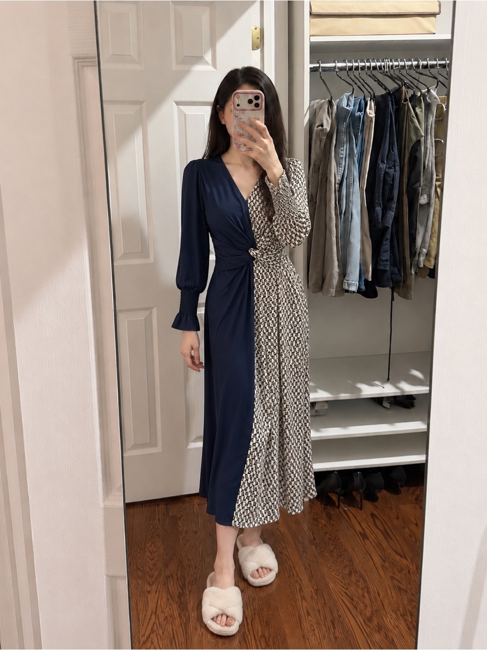 Wrap-Style Midi Dress in Navy and Cream Print